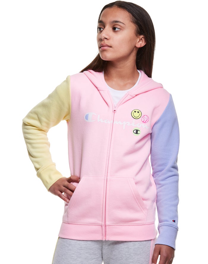 Champion Pige Hættetrøje Pink/Blå/Gul - Colorblock Fleece Full Zip Smiley Face - Danmark TEJ-760934